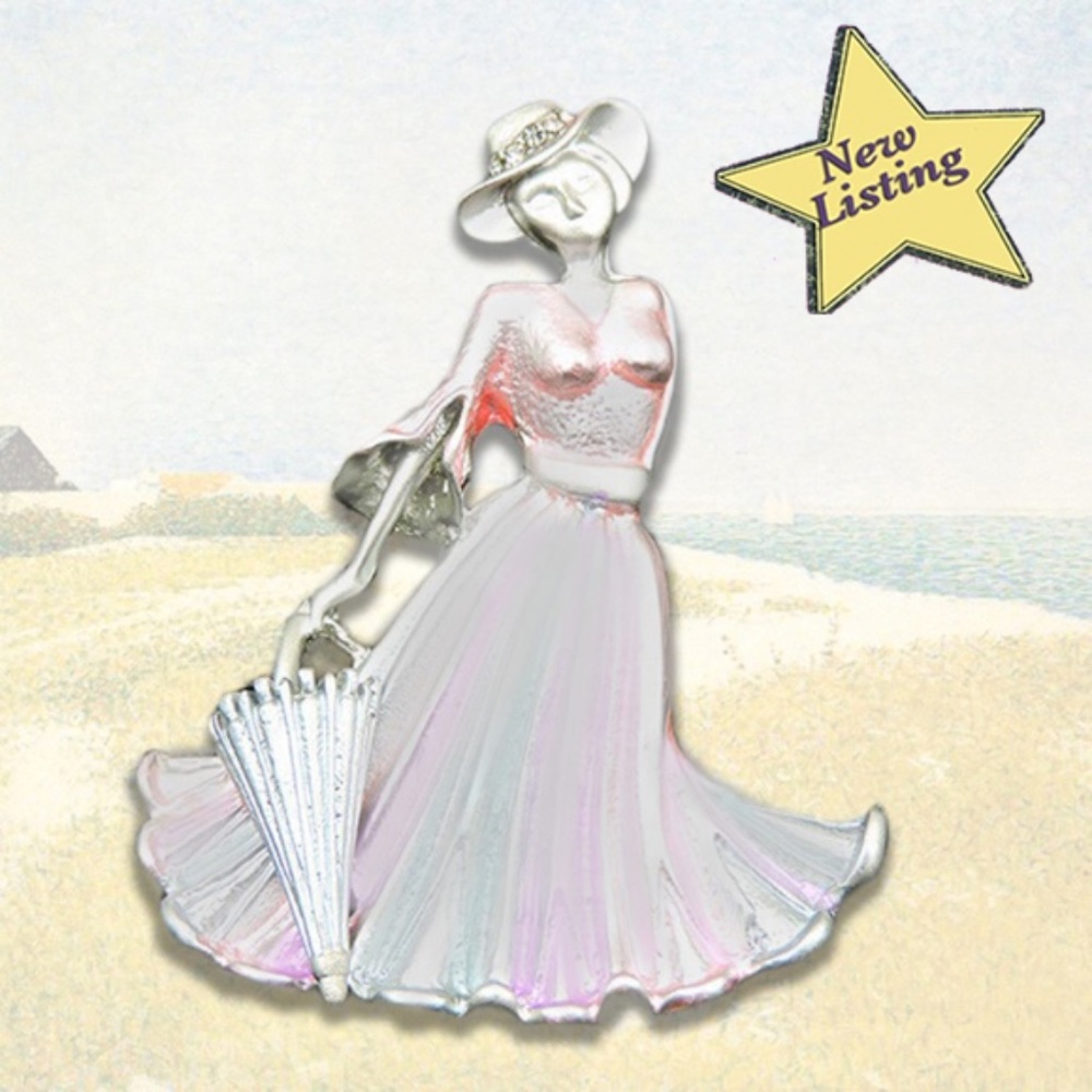Enamel Brooch - Crystals, White & Silver Plated Woman holding Umbrella
